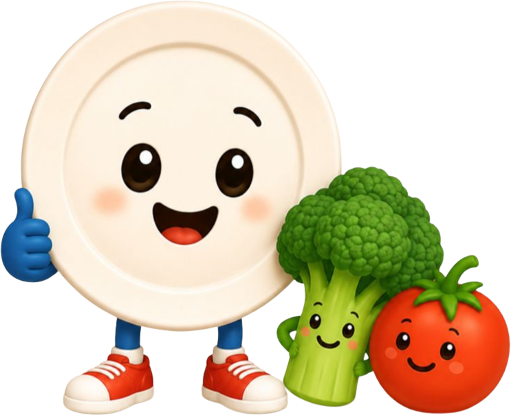 Platey the plate character giving a thumbs up with his broccoli and tomato friends